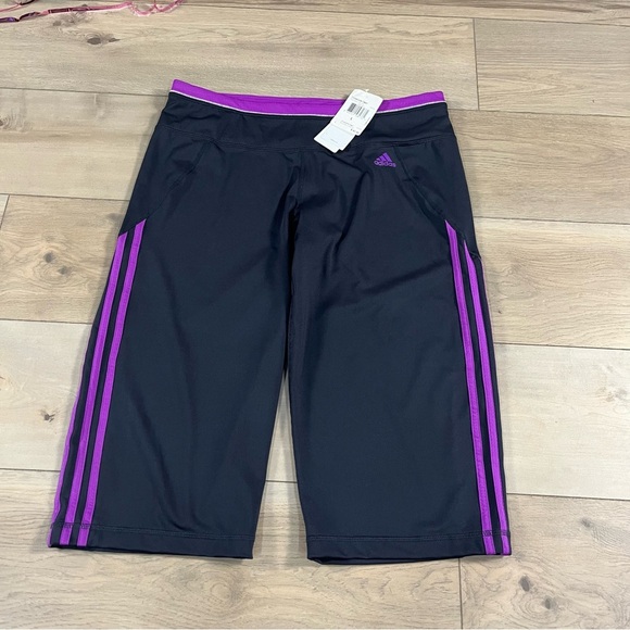 Adidas Women’s Black and Purple Athletic Wide Leg 3 Stripe Capris NWT - Picture 1 of 10